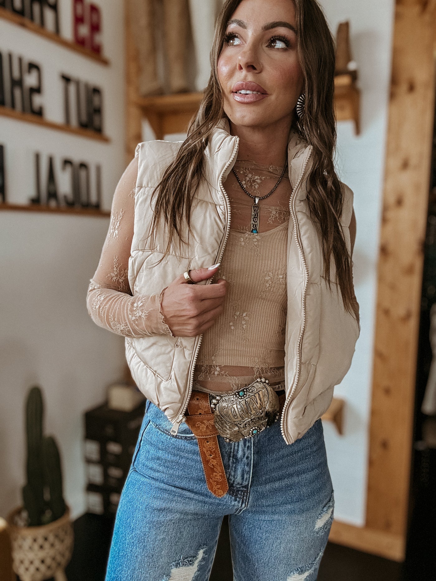 The Floral Lace Mesh Top (Latte/Tan Nude)