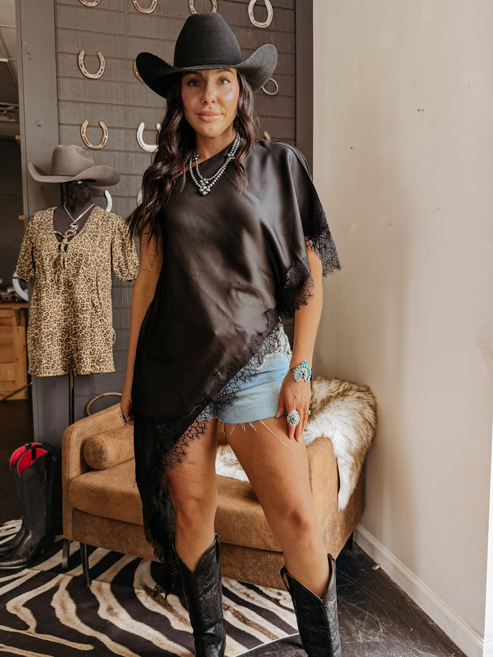 Black Satin Lace Asymmetrical Top