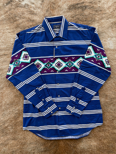 Vintage Roper Shirt Mens Large Aztec Blue Pearl Snap
