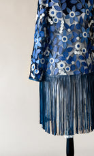 Blue and white floral embroidered western kimono with long fringe and sheer fabric