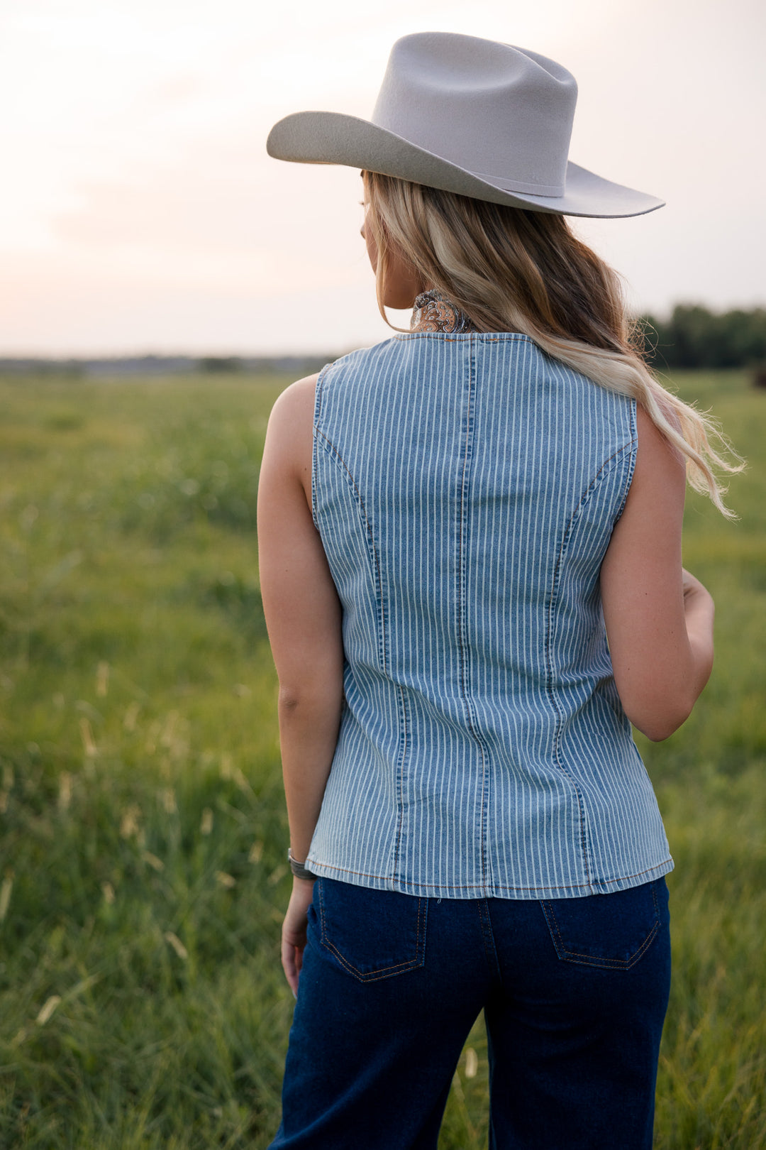 Denim Pinstripe Lace-Up Vest