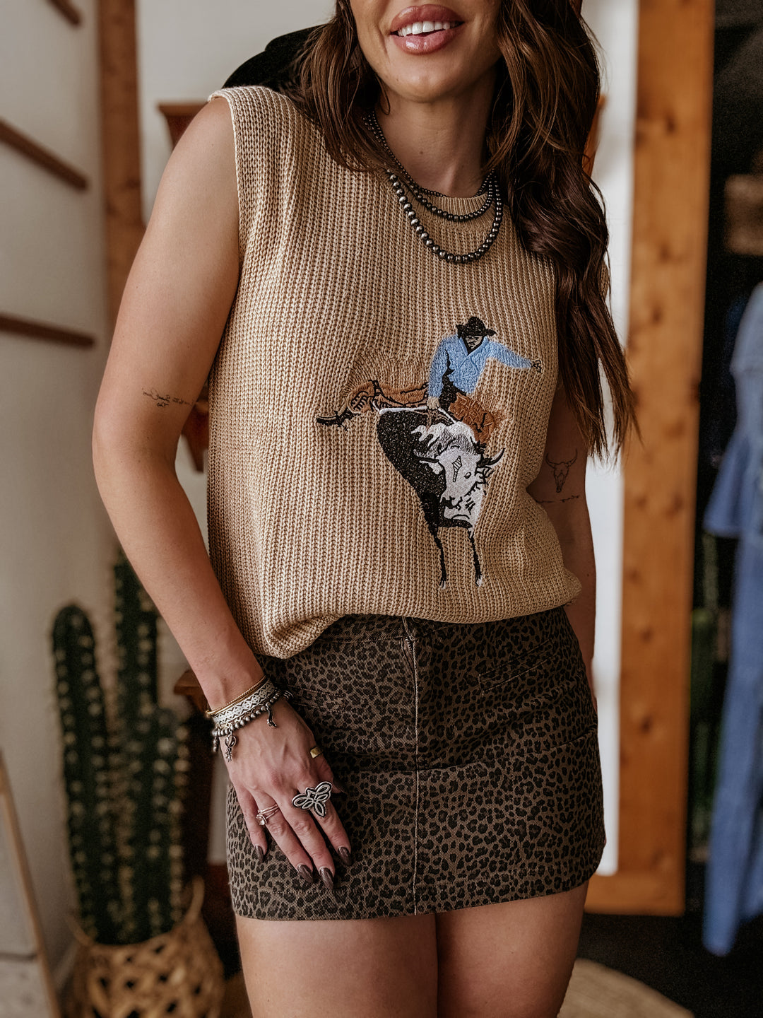 Bull Rider Sleeveless Sweater Top (Tan)