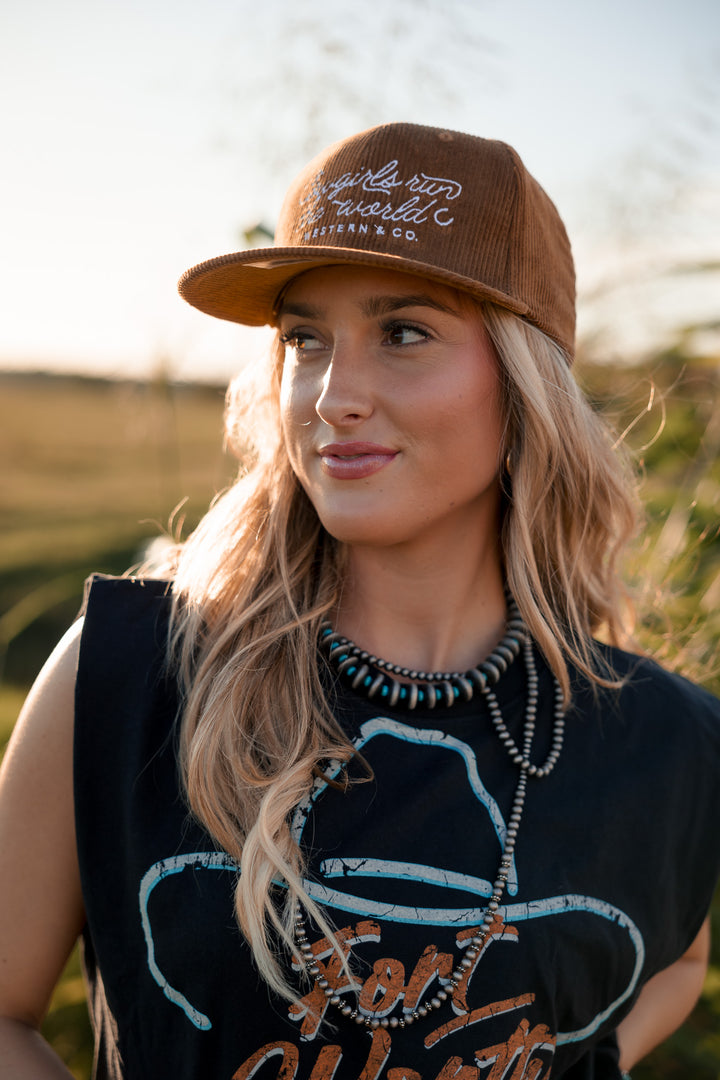 Cowgirls Run the World Trucker Hat - Camel Corduroy