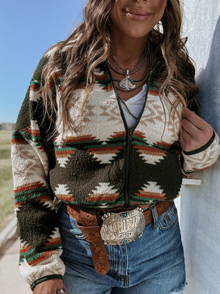 Cropped Aztec Sherpa Jacket (Hunter Green)