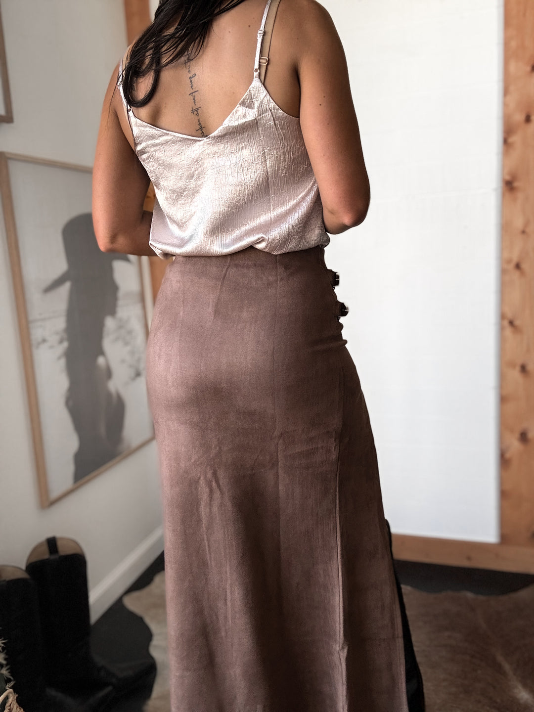 Faux Suede Buckle Maxi Skirt
