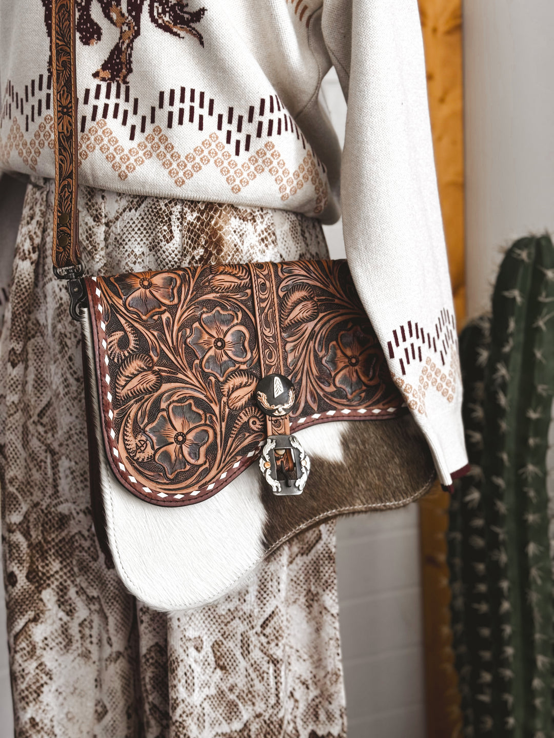 Western Tooled Cowhide Crossbody Bag