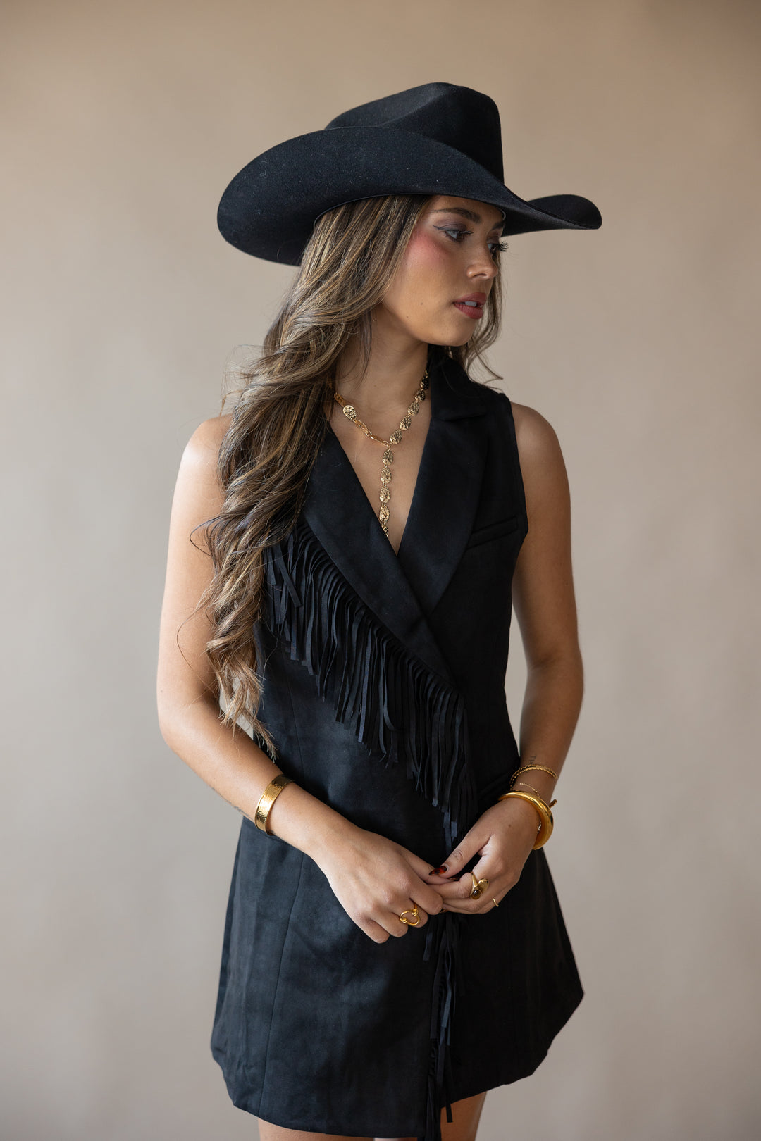 Double Fringe Faux Suede Dress