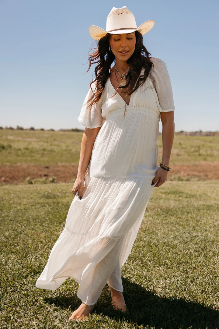 Ivory Flutter Sleeve Tiered Maxi Dress