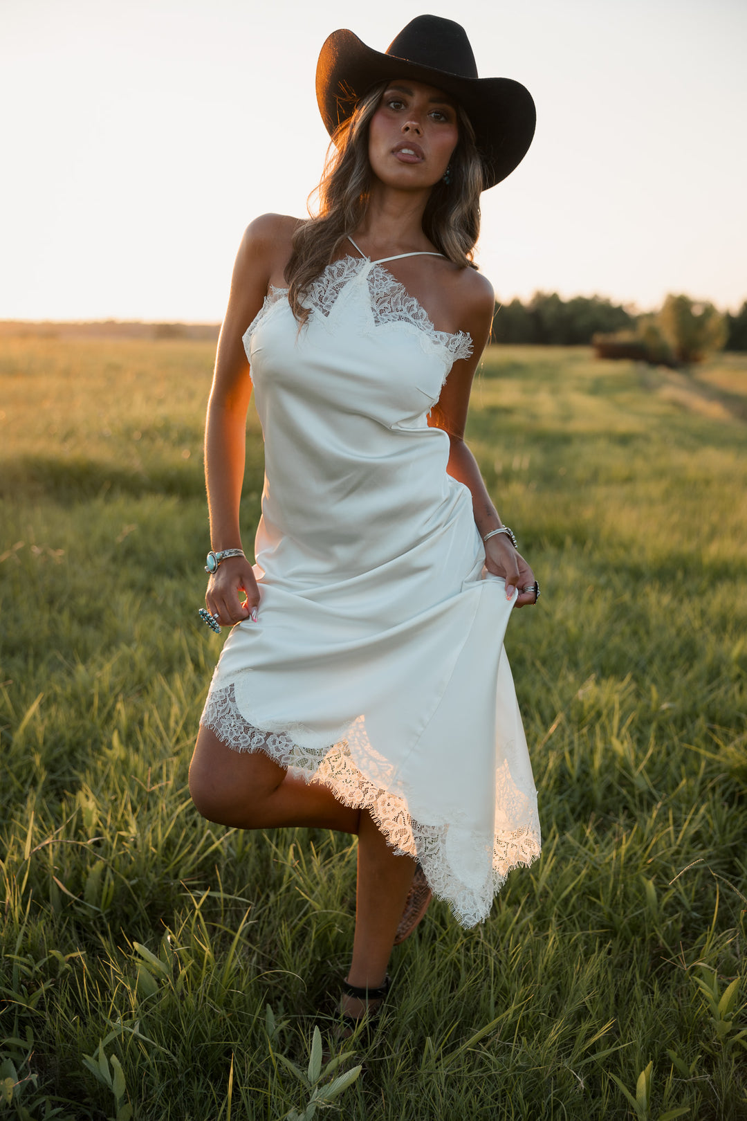 Ivory Lace Trim Satin Asymmetrical Midi Dress PRE ORDER 8/15