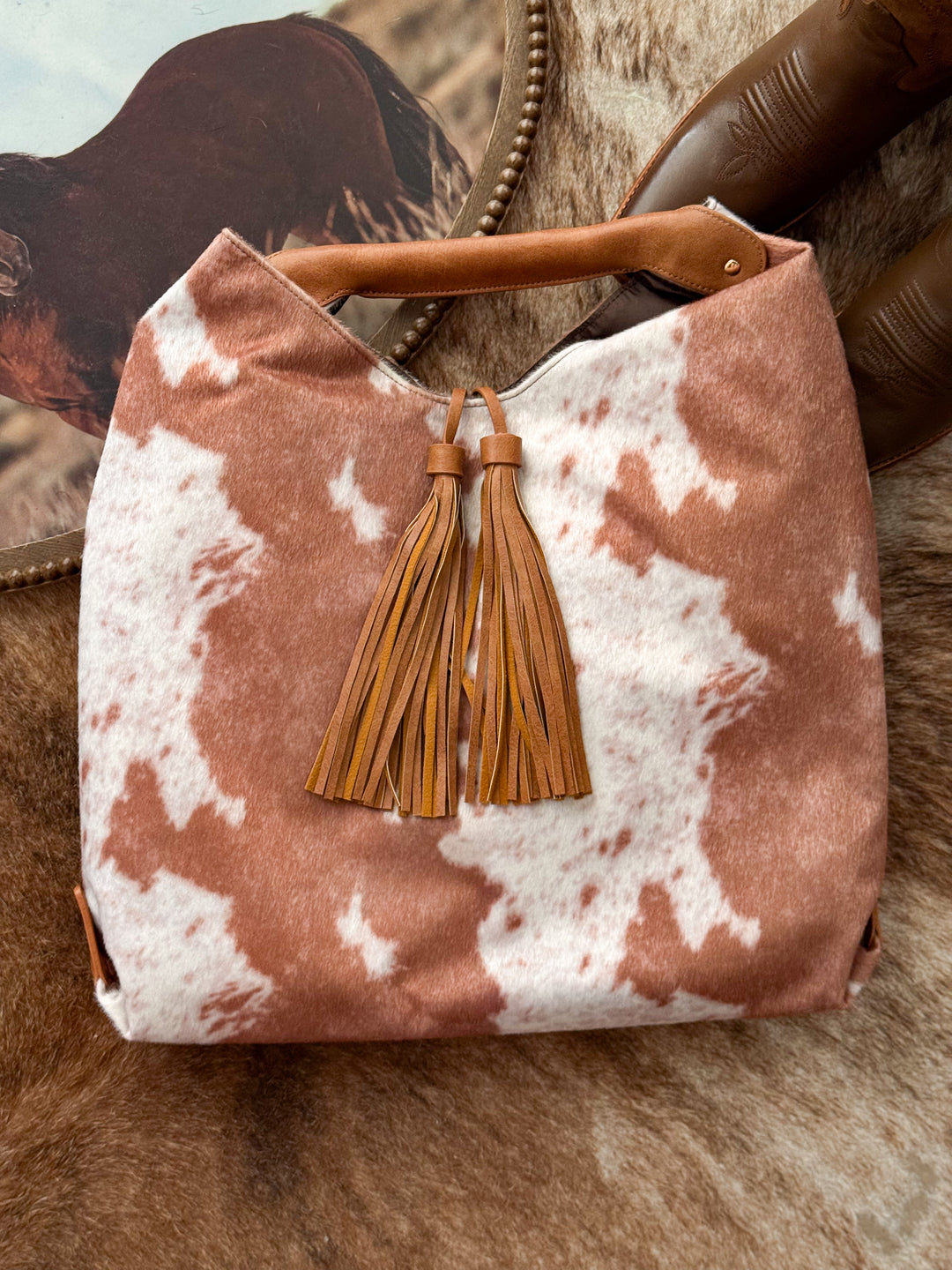 Cow Print Hobo Tote - Brown