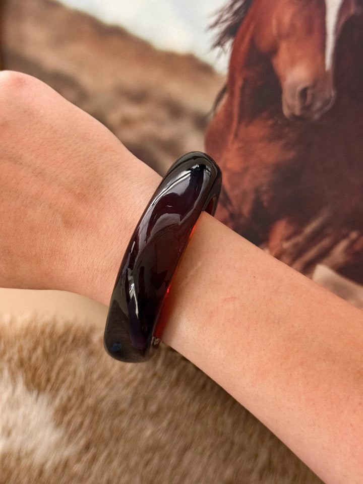 Person wearing a glossy black and red bracelet with a horse in the background