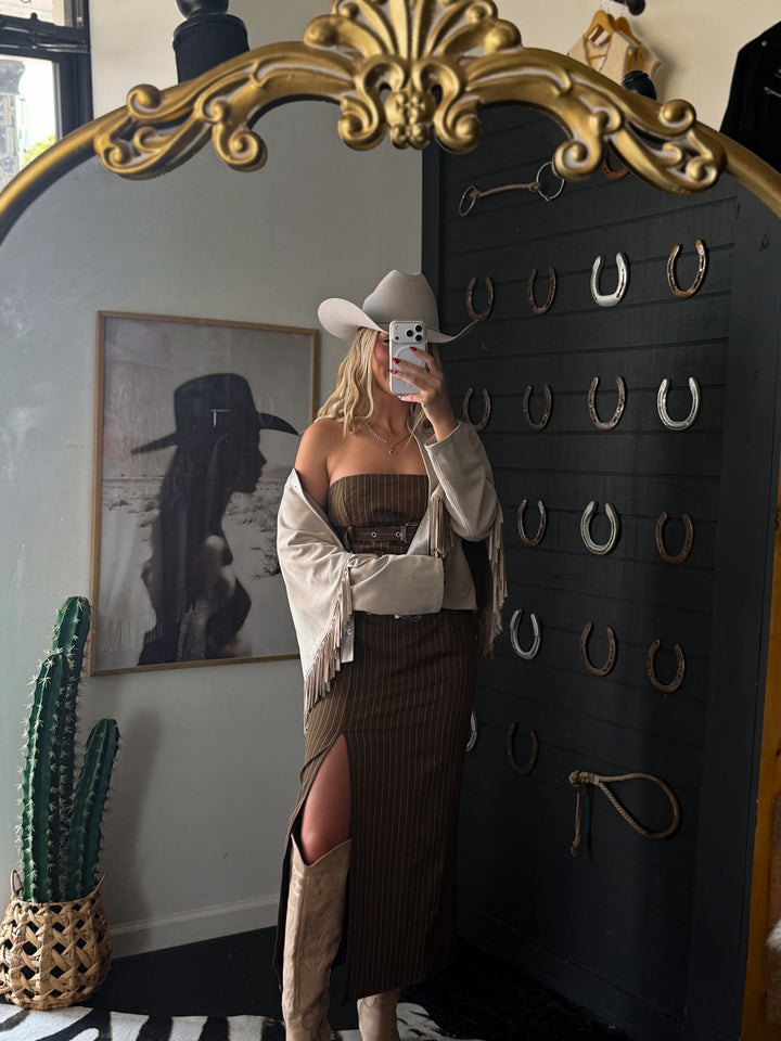The Outlaw Pinstripe Buckle Maxi Dress PRE ORDER 8/30