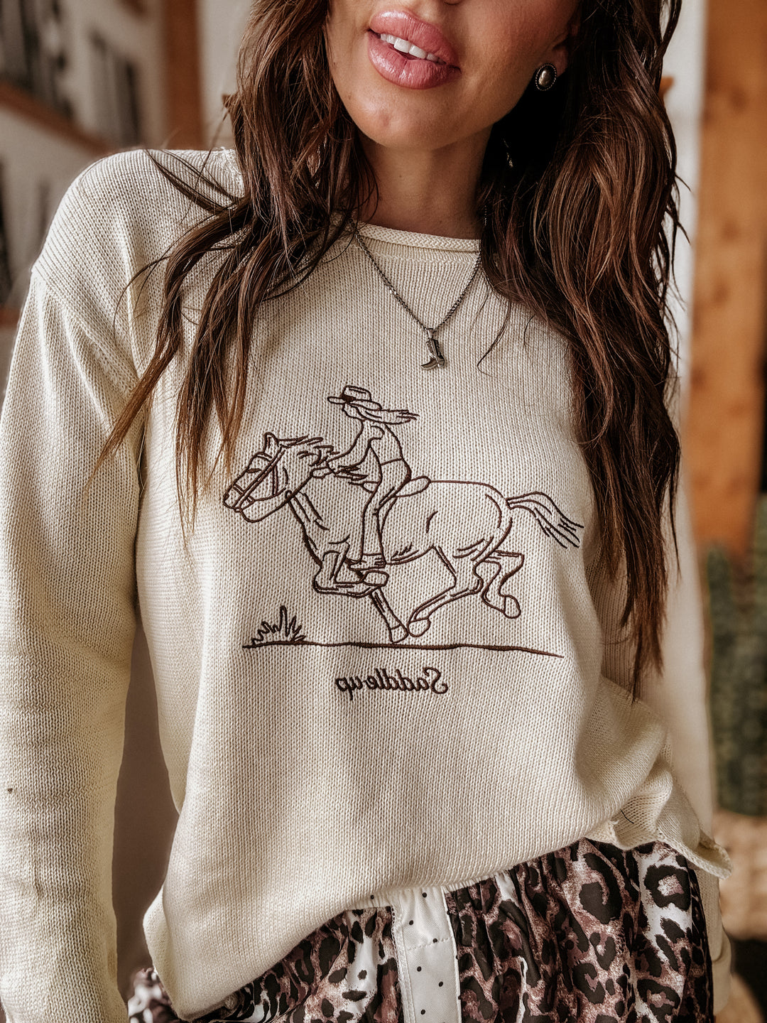 Embroidered Saddle Up Sweater - Cream