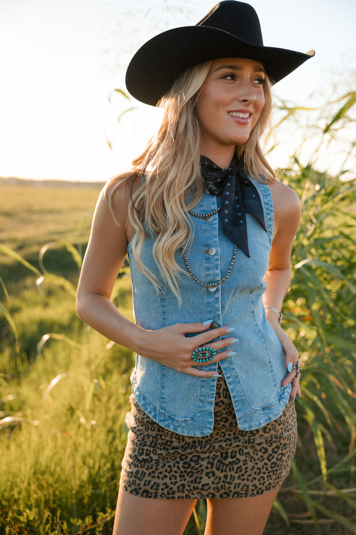 Light Wash Split Hem Button Front Denim Vest