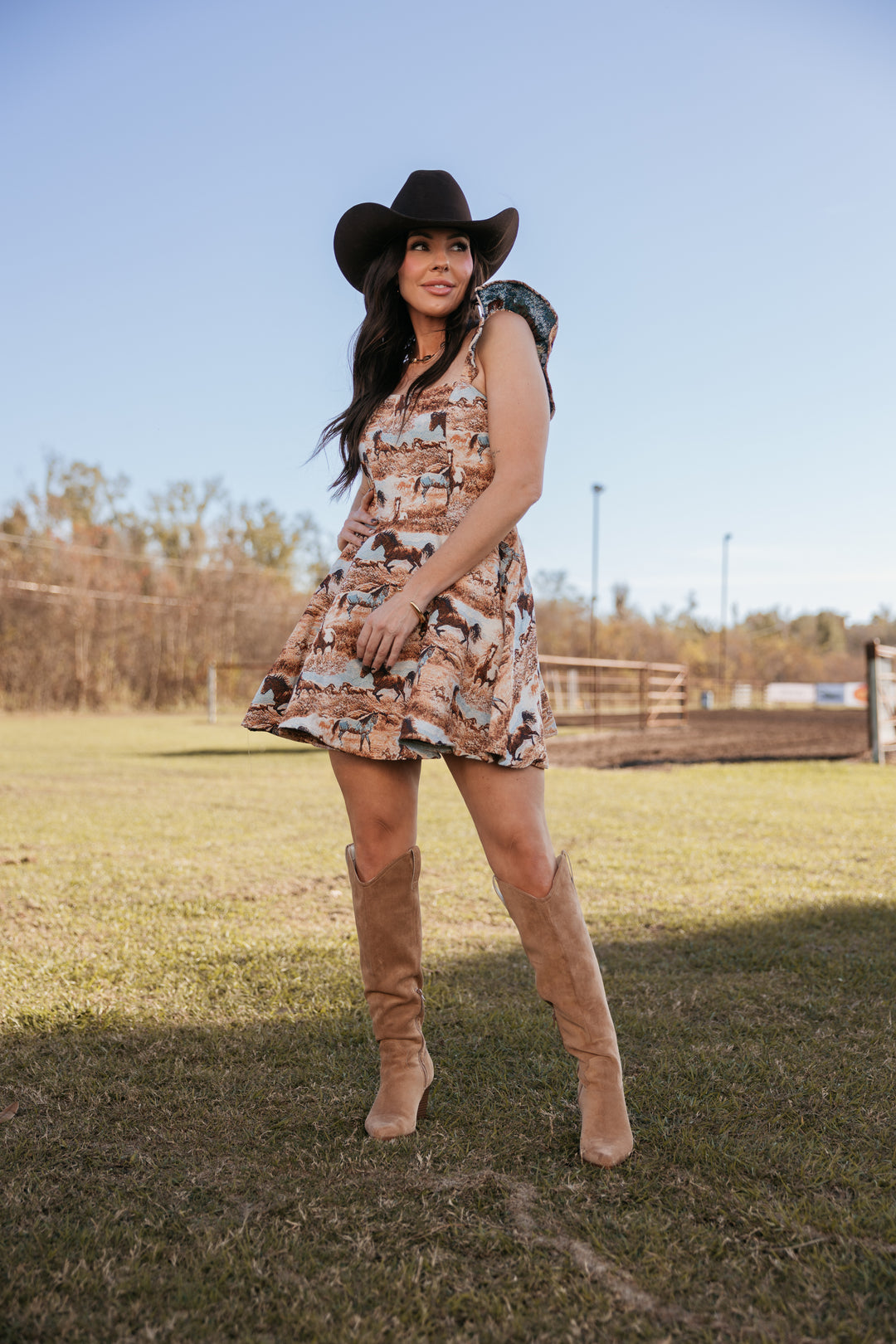 Running Horse Woven Ruffle Dress