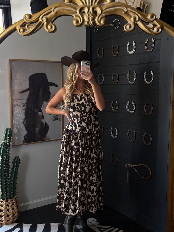 Cow Print Drop Waist Midi Dress PRE ORDER 8/31