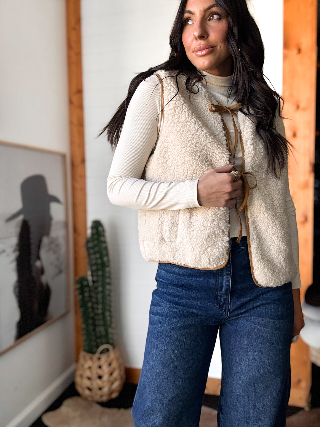Cream Fleece Tie-Front Vest