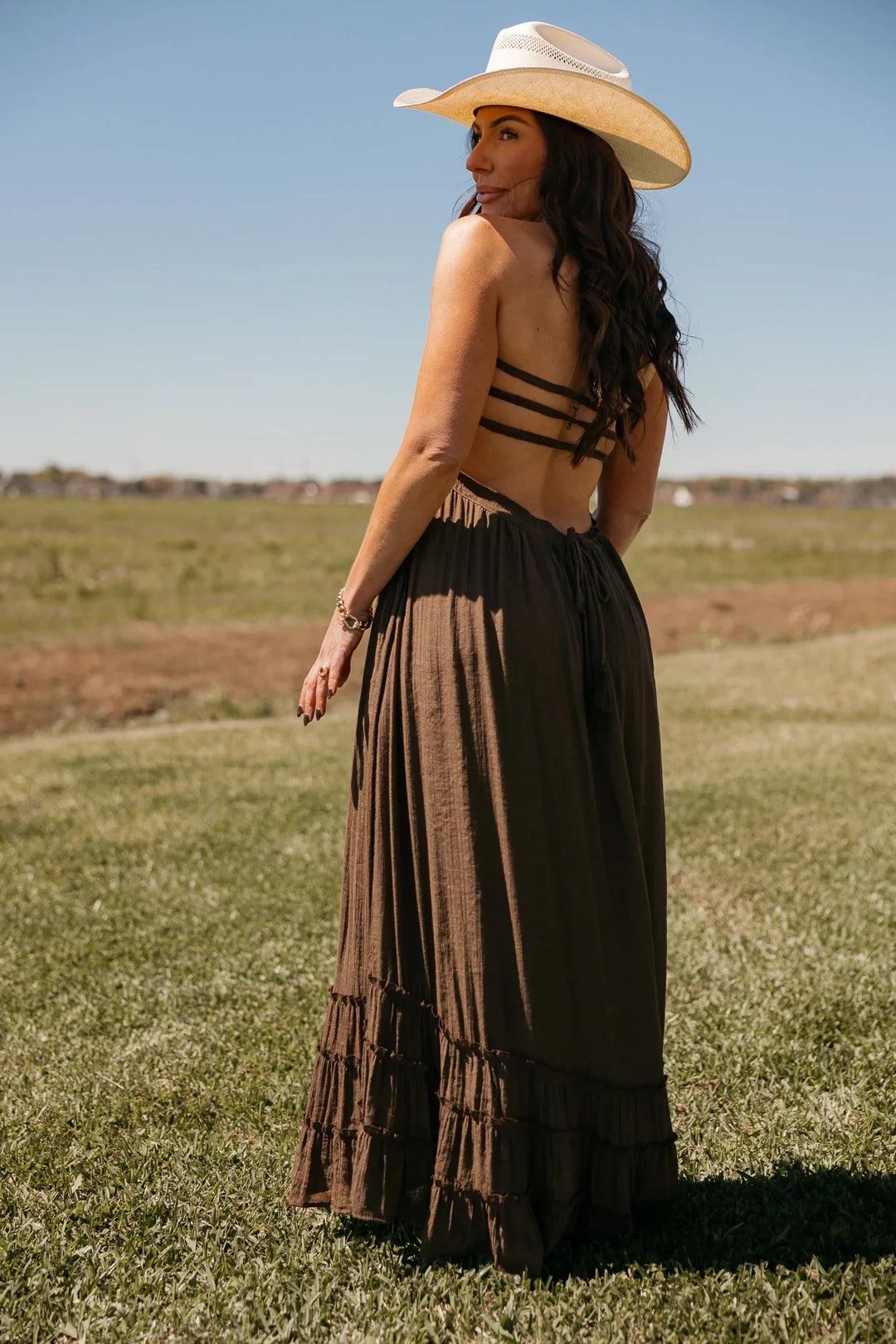 Saddle Brown Smocked Halter Maxi Dress
