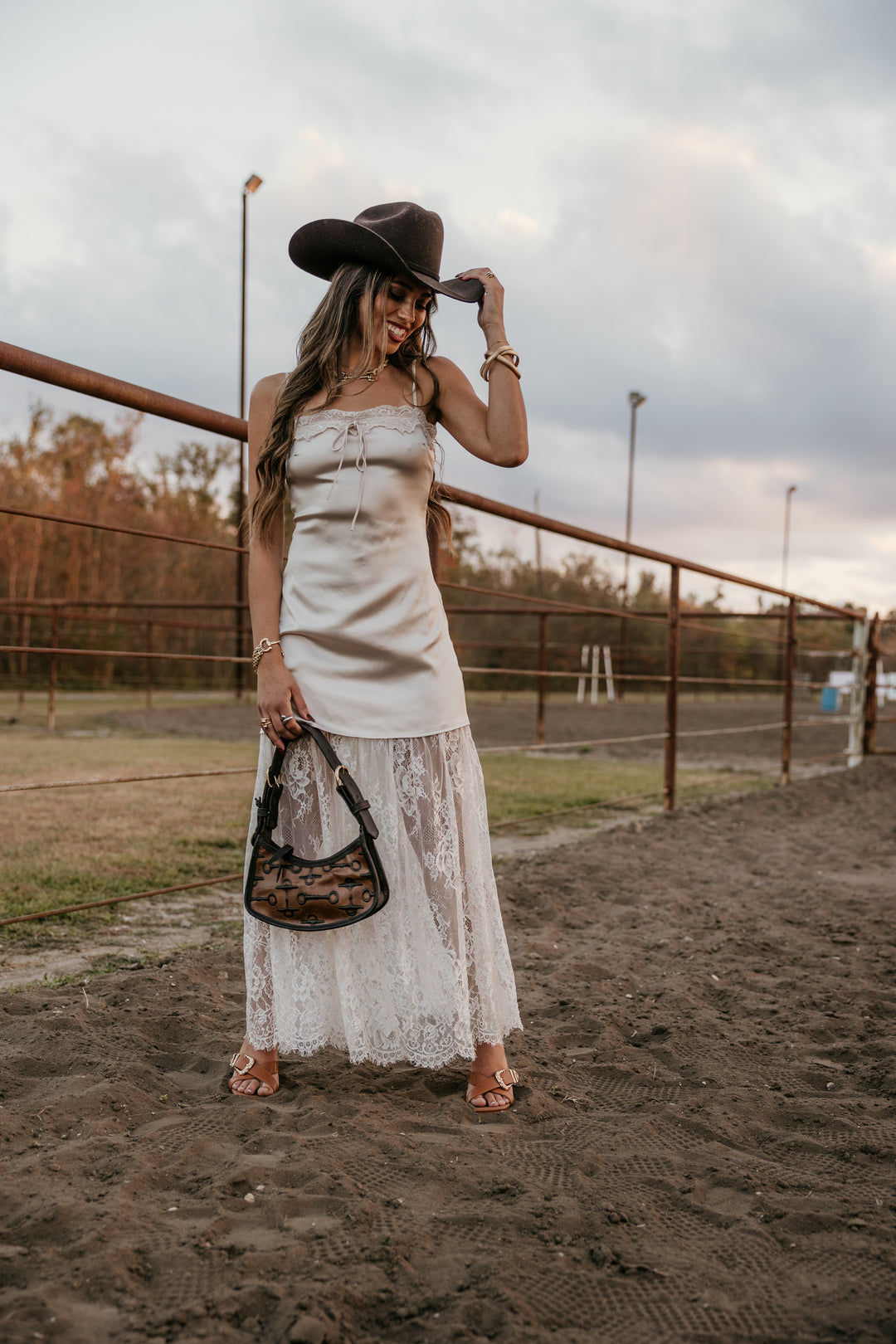 Champagne Satin Lace Maxi Dress