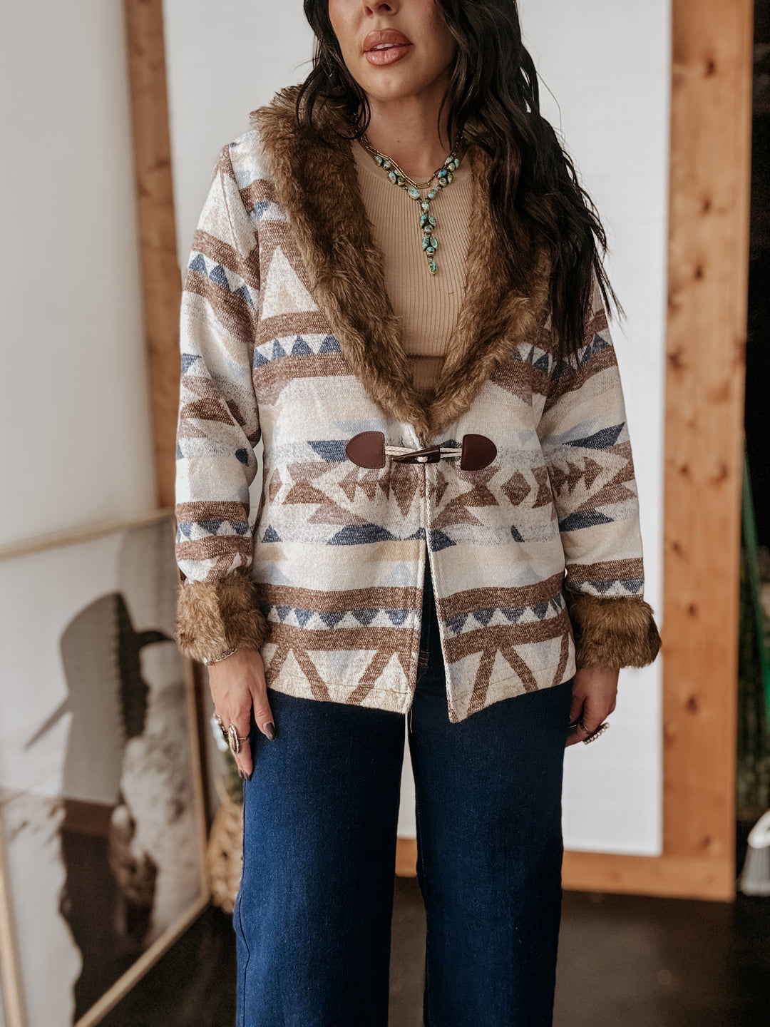 Belle of the West Aztec Fur Trim Coat