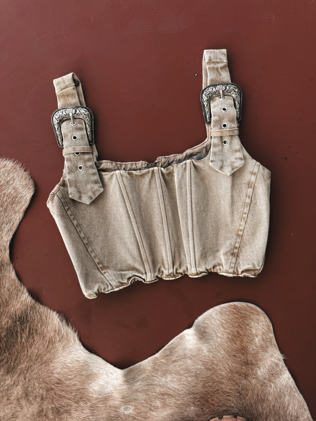 Western Buckle Strap Denim Corset Top