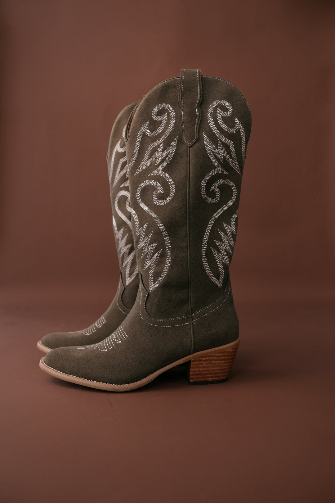 Olive Suede Embroidered Cowgirl Boots