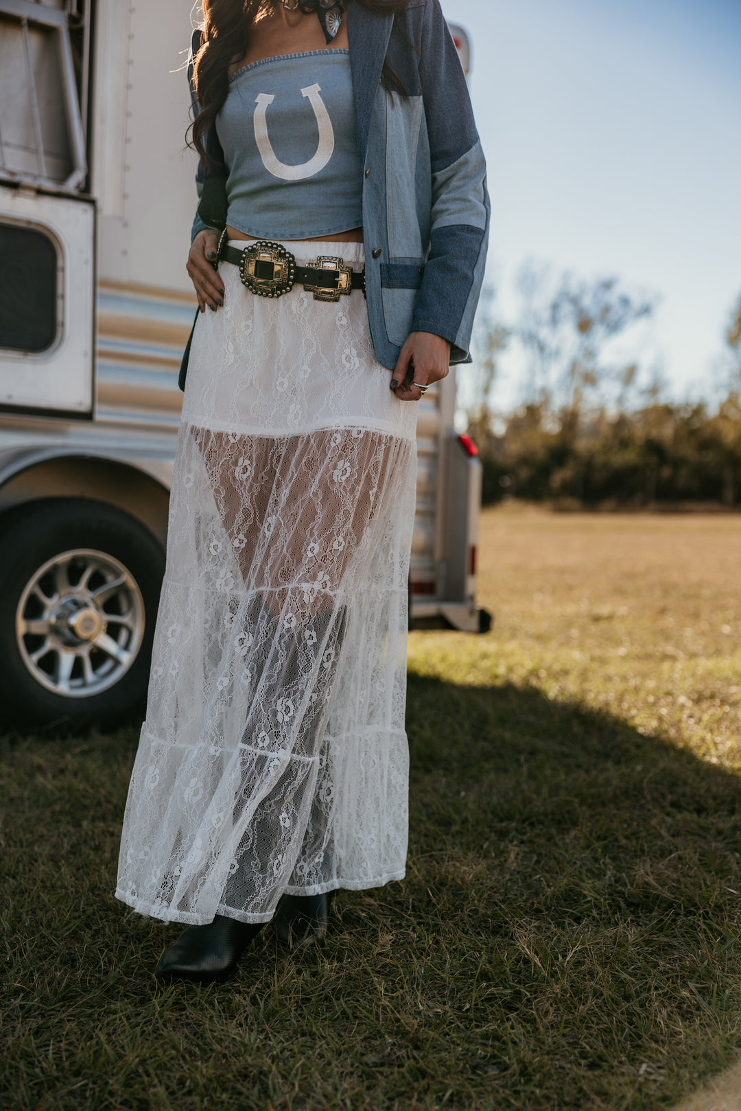 Tiered Floral Lace Maxi Skirt - White