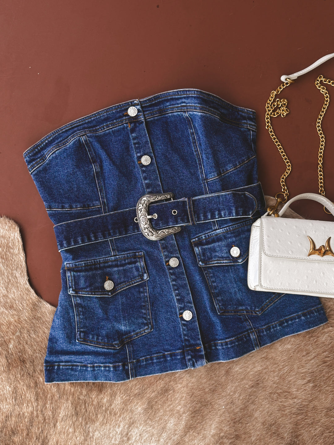 Western Buckle Strapless Denim Bustier Top