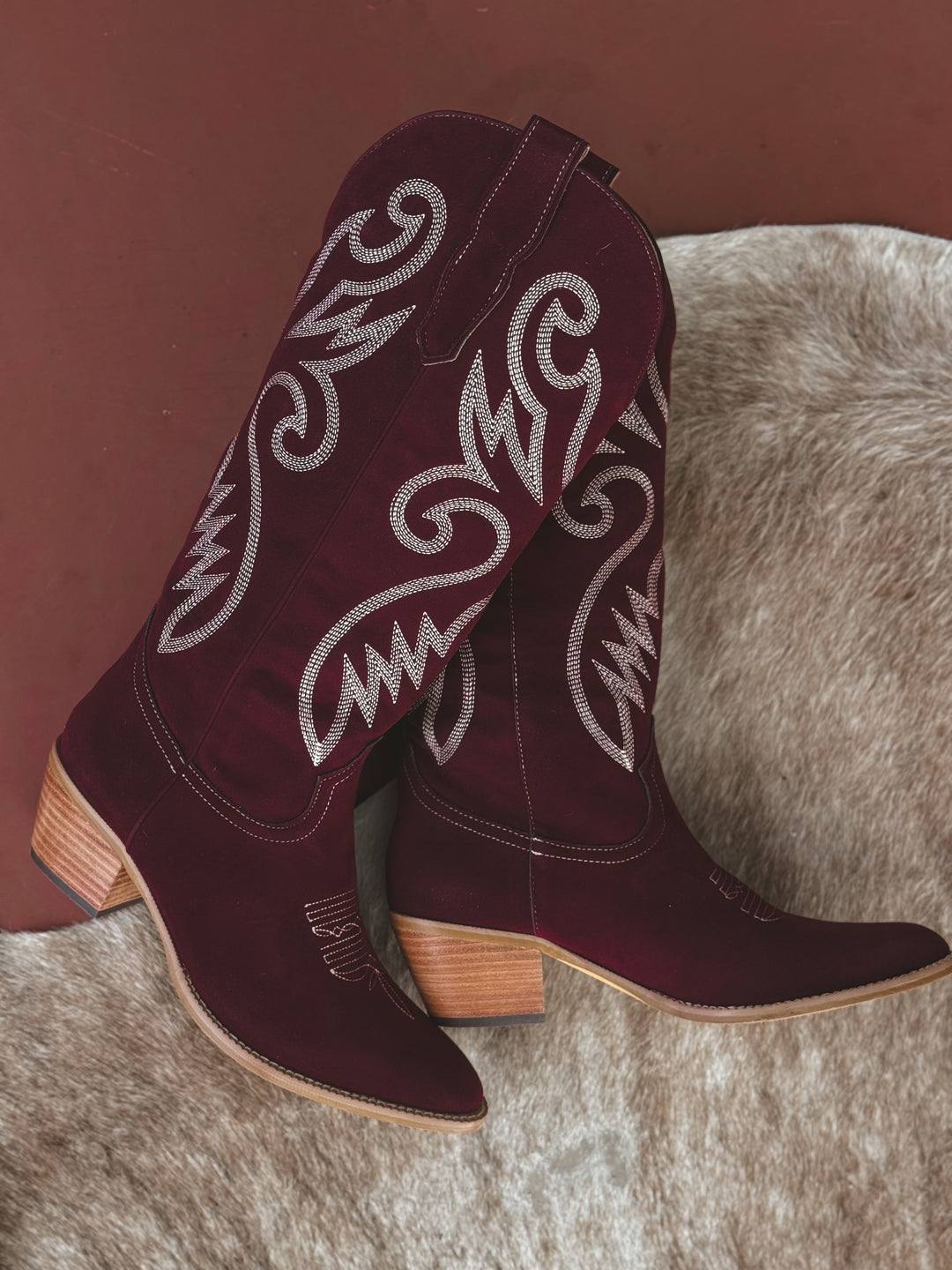 Maroon Suede Embroidered Cowgirl Boots