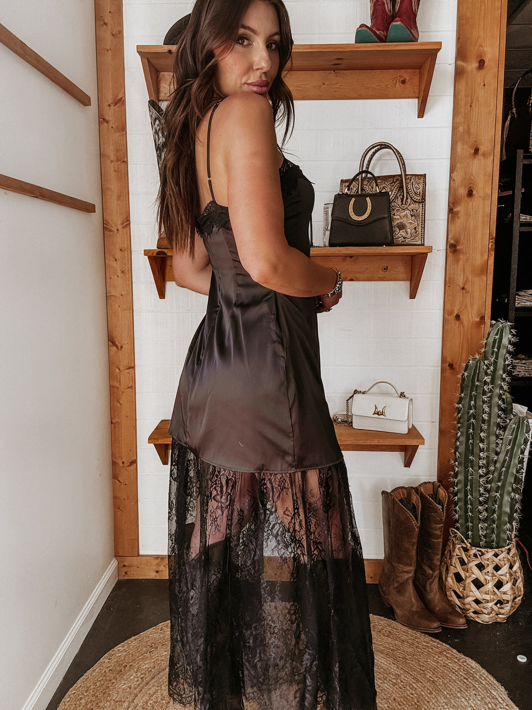 Black Satin Lace Maxi Dress