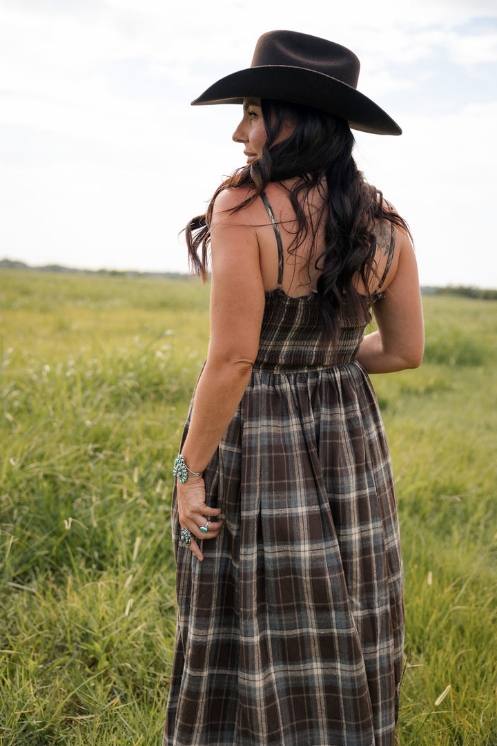 Timber Trail Plaid Smocked Midi Dress PRE ORDER 8/20
