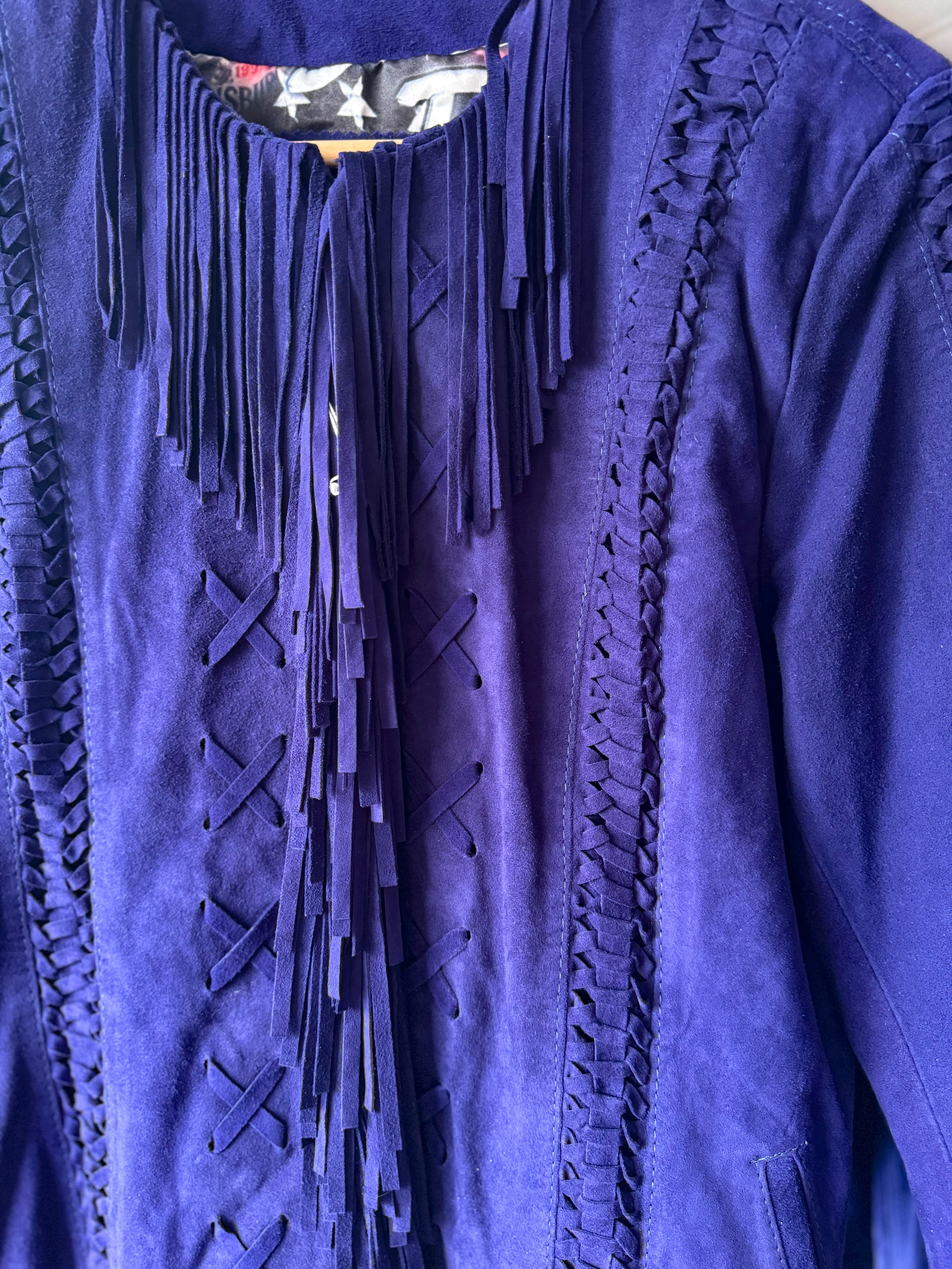 Purple suede western jacket with fringe and braided detailing, boho cowgirl style