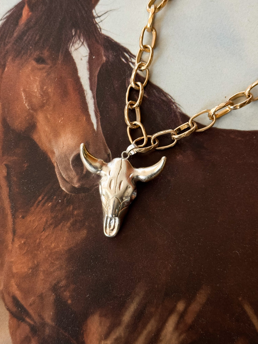 Silver Steer Head Gold Chain Necklace