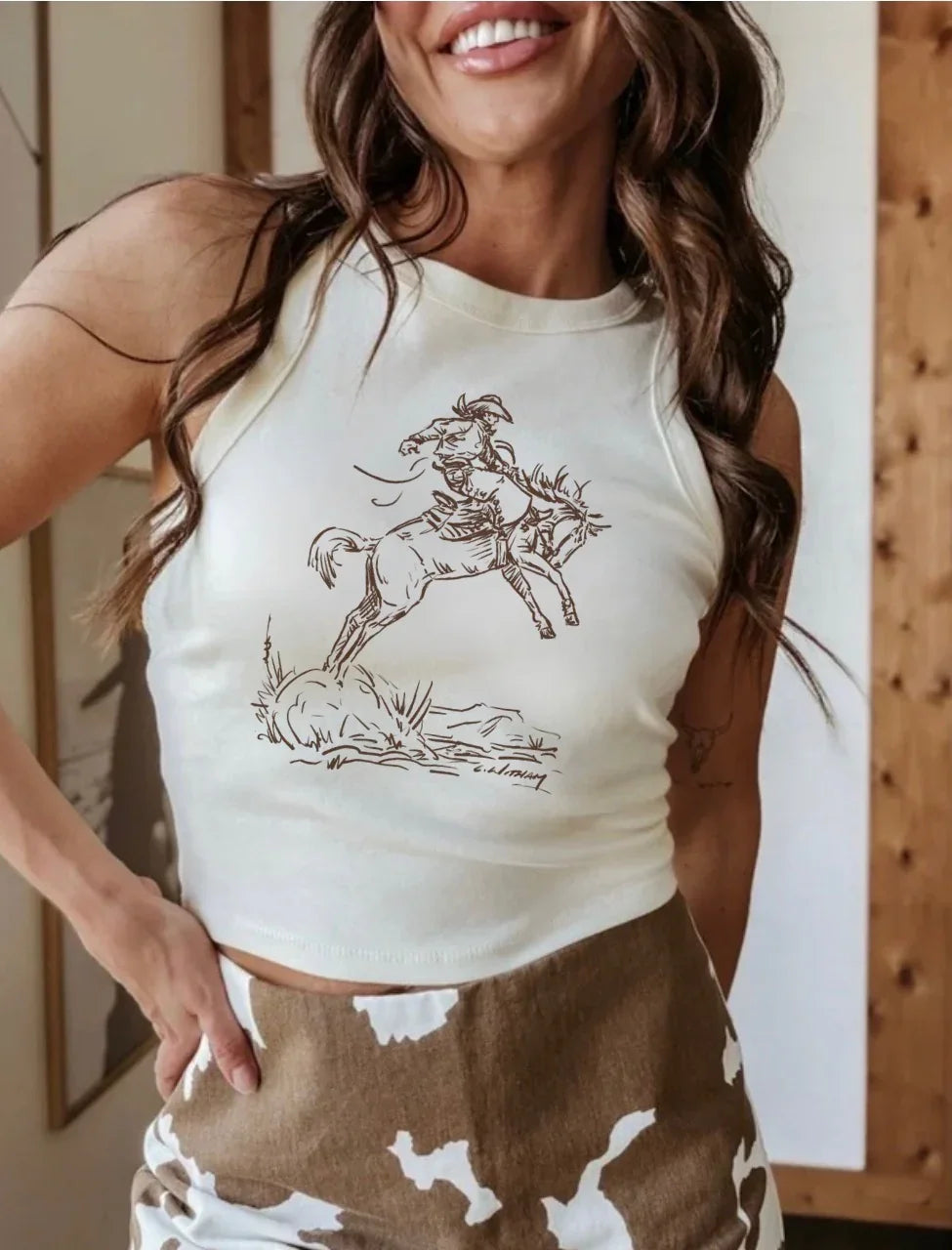 Woman wearing a white tank top with a horse graphic design.
