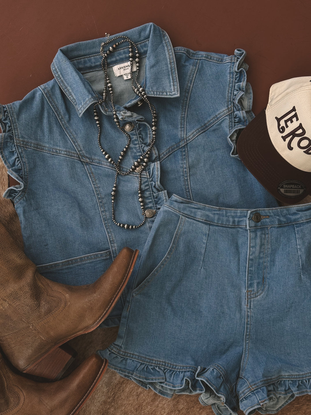 Denim Ruffle Vest & Shorts Set