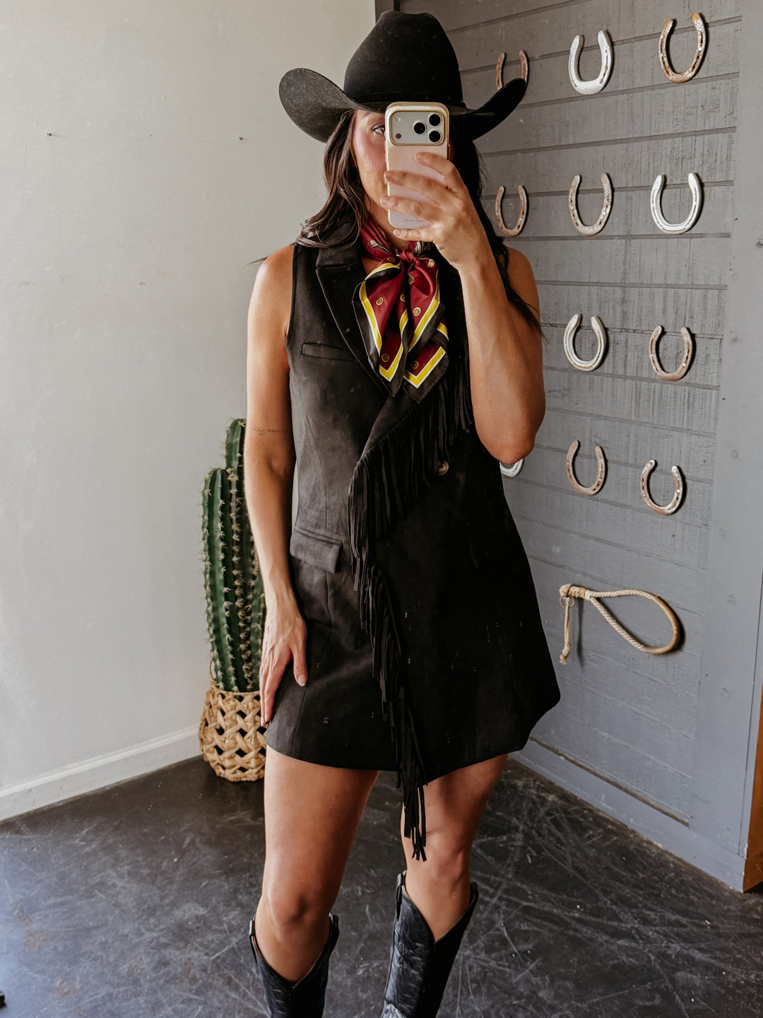 Double Fringe Suede Dress - Black