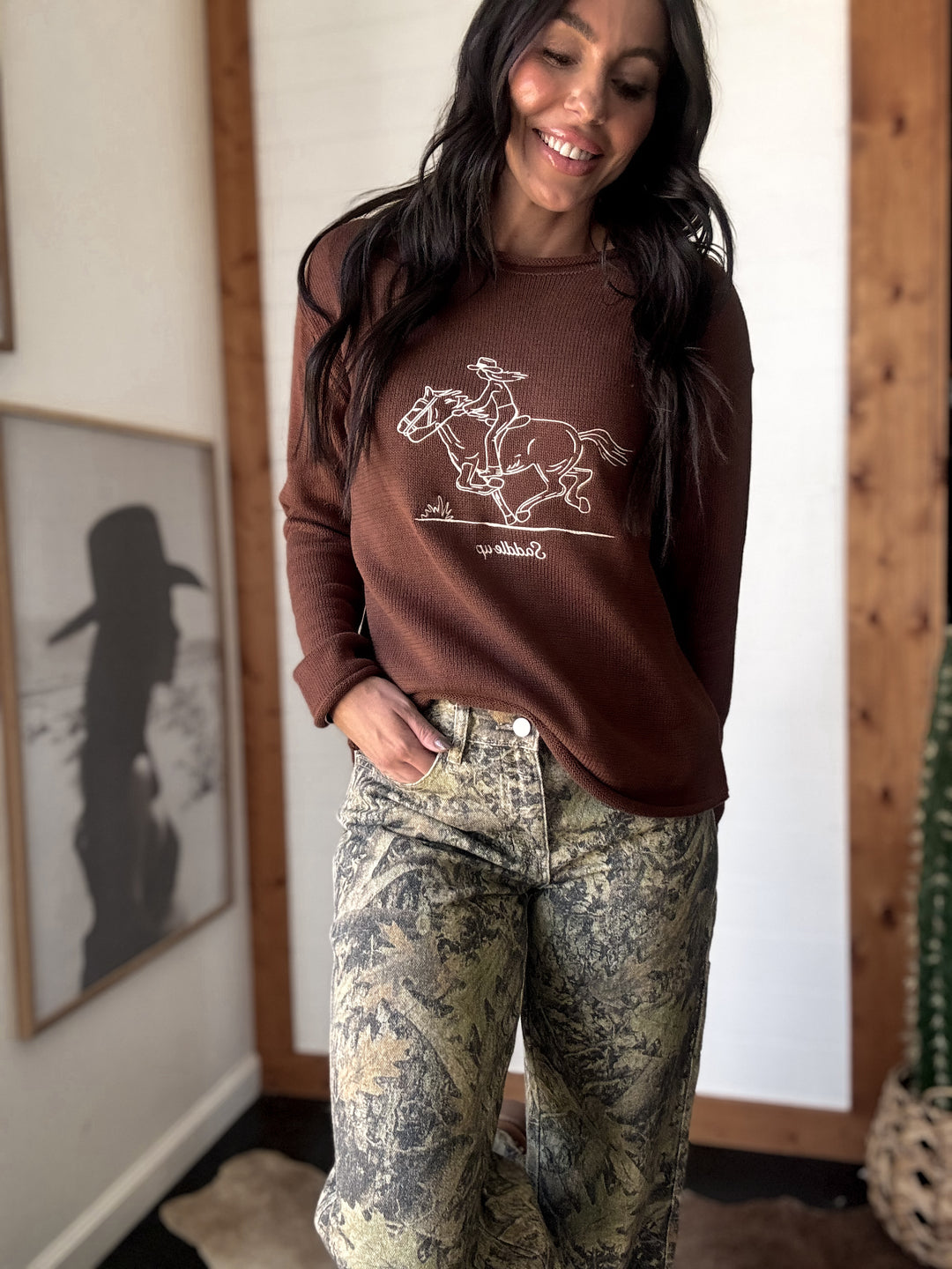 Embroidered Saddle Up Sweater - Brown