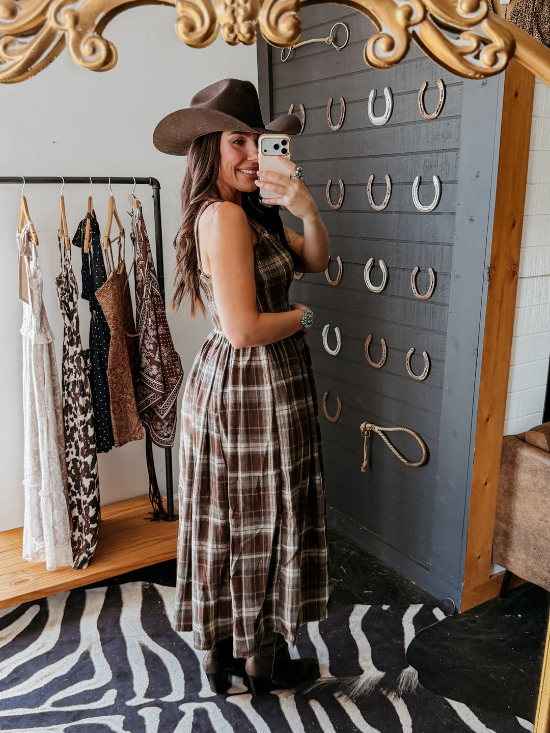 Timber Trail Plaid Smocked Midi Dress