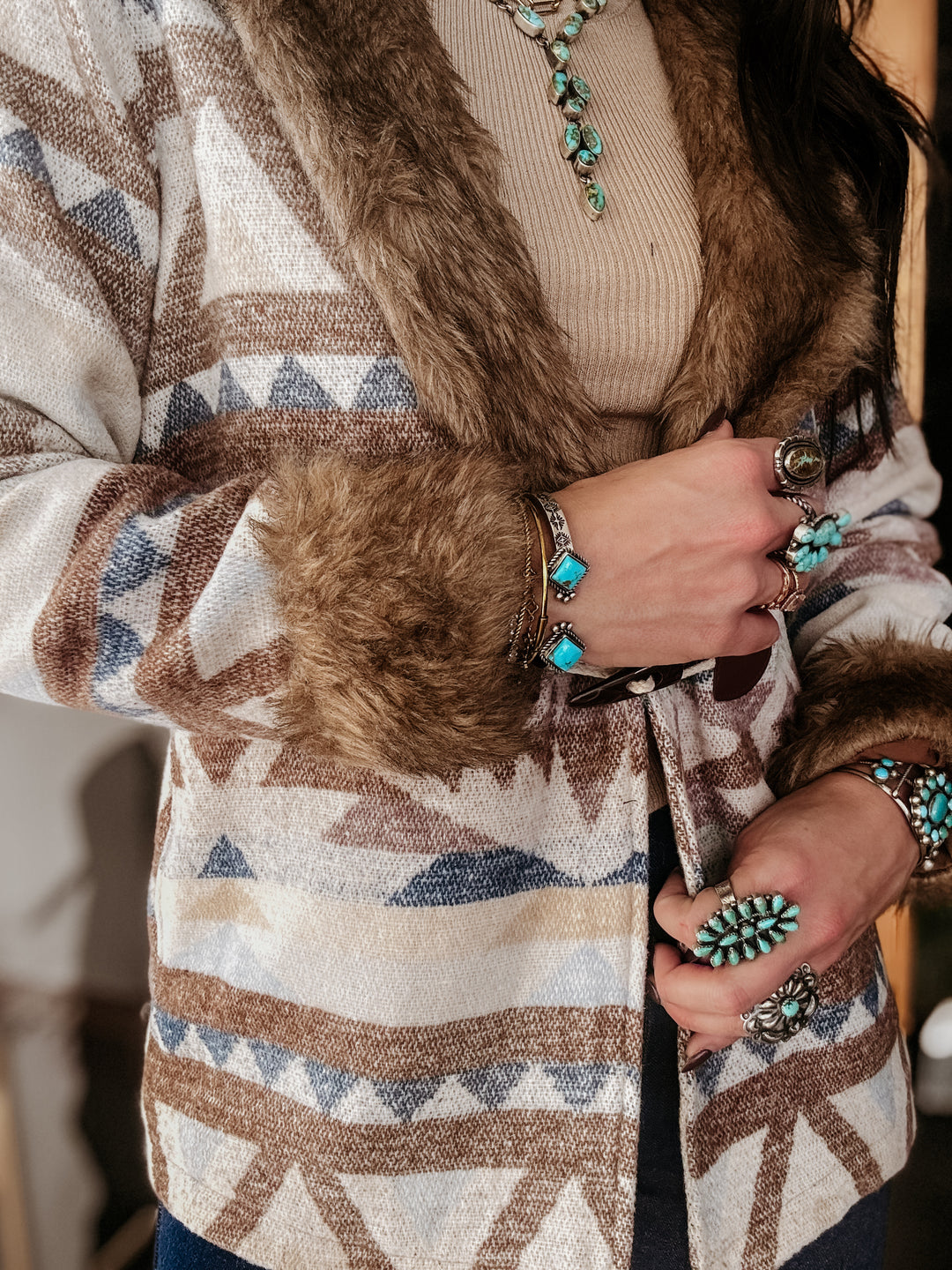 Belle of the West Aztec Fur Trim Coat