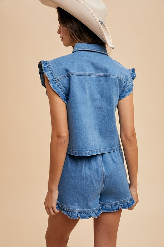 Denim Ruffle Vest & Shorts Set