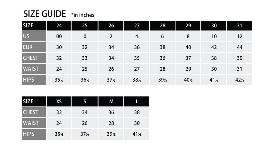 Size guide chart for clothing measurements in inches, US, EUR, chest, waist, and hips.