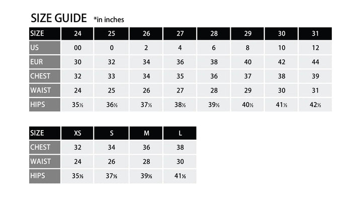 Size guide chart for clothing measurements in inches, US, EUR, chest, waist, and hips.