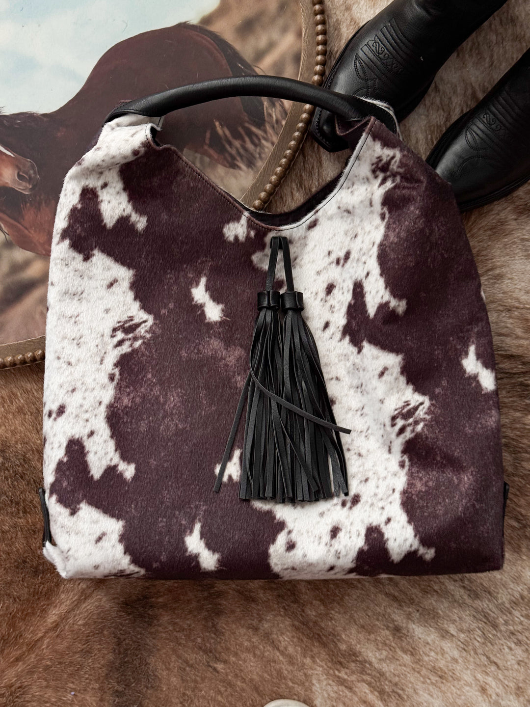 Cow Print Hobo Tote - Black