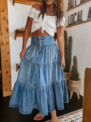 The Tiered Denim Maxi Skirt