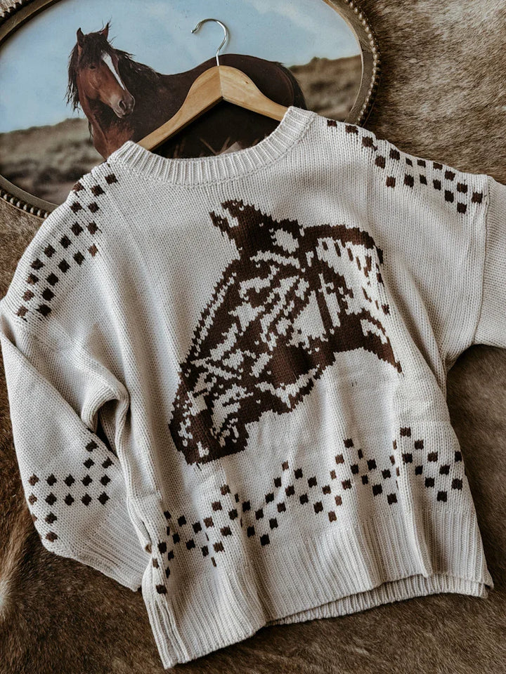 Horse Printed Knit Sweater – Taupe