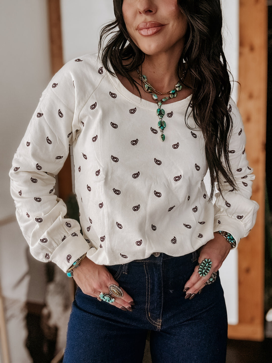 Roper Cream Paisley Embroidered Fleece Top