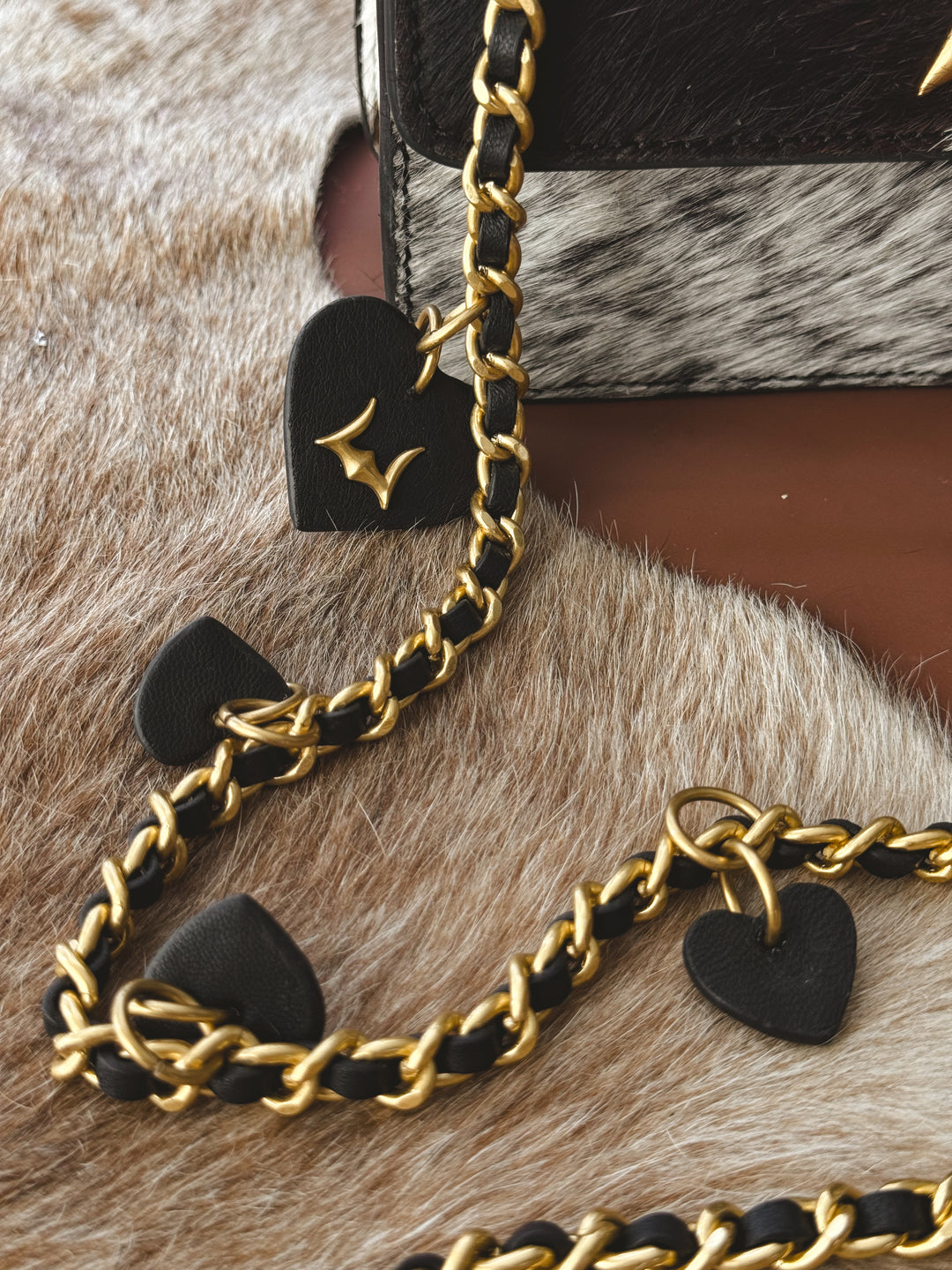 Black Leather Heart Charm Chain – 2-in-1 Crossbody Strap