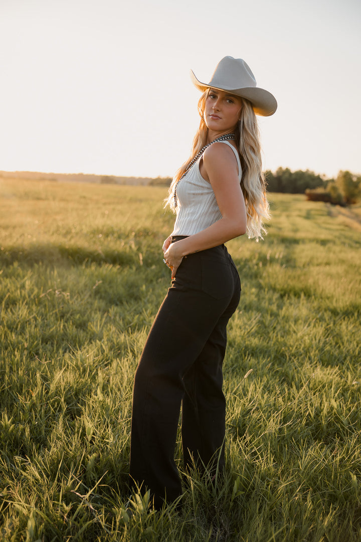 High-Rise Wide Leg Jeans – Black Stretch Denim