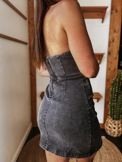 Boot Stitched Western Denim Mini Dress- Black