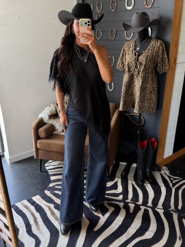 Black Satin Lace Asymmetrical Top PRE ORDER 8/18
